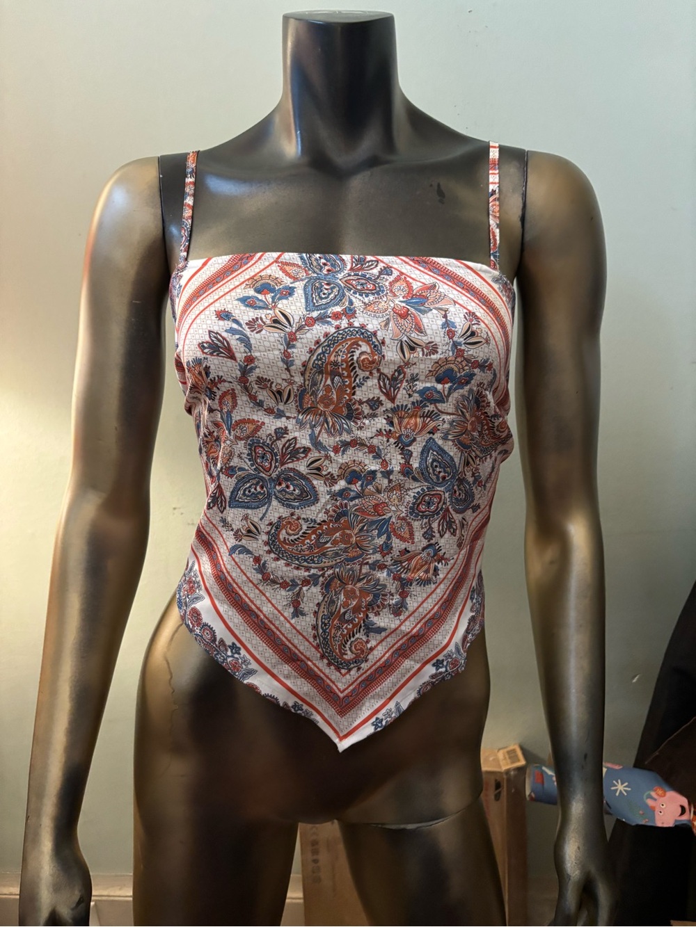 SHEIN White Paisley Handkerchief Hem Cami with Blue & Red Accents
